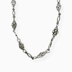 Silver Tone Necklace Openwork Oval Links Long Shiny Classic Minimalist 34 Inch
